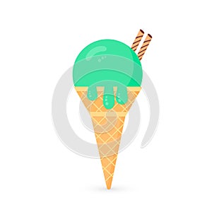 Mint, reen ice cream icon isolated on white background. Waffle cone with icecream ball. Flat cartoon vector illustration. Concept