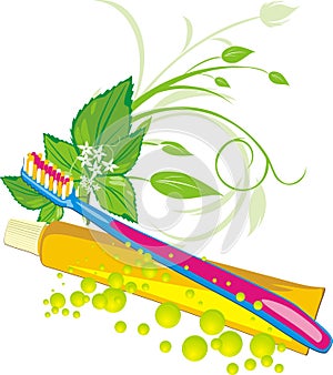 Mint sprig, drops, tooth brush and paste