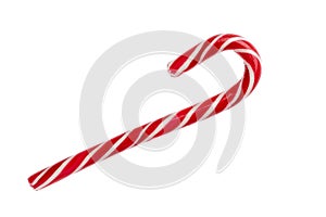 Mint striped hard candy cane in traditional Christmas colors isolated on white background. Close-up. Sweet lollipop. One red