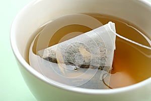 Mint tea bag in a cup