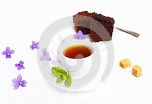 Mint tea and chocolate cake