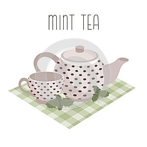 Mint tea, drink. A teapot and a cup with mint tea and mints. Illustration vector