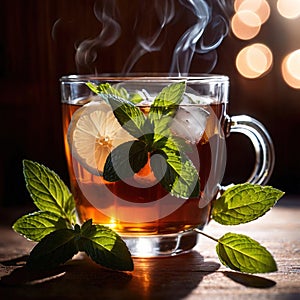 Mint Tea, fresh brewed herbal mint drink with mint and tea leaves photo