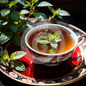 Mint Tea, fresh brewed herbal mint drink with mint and tea leaves