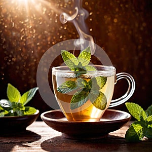 Mint Tea, fresh brewed herbal mint drink with mint and tea leaves