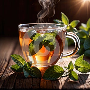 Mint Tea, fresh brewed herbal mint drink with mint and tea leaves