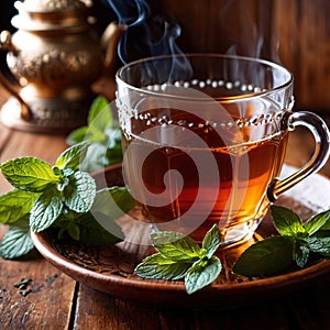 Mint Tea, fresh brewed herbal mint drink with mint and tea leaves