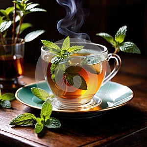 Mint Tea, fresh brewed herbal mint drink with mint and tea leaves