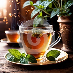 Mint Tea, fresh brewed herbal mint drink with mint and tea leaves