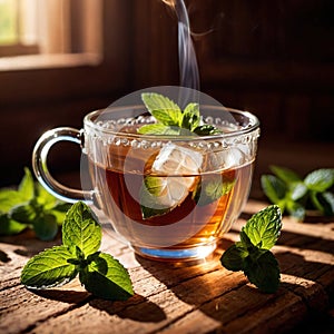 Mint Tea, fresh brewed herbal mint drink with mint and tea leaves