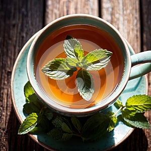 Mint Tea, fresh brewed herbal mint drink with mint and tea leaves