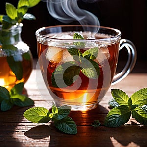 Mint Tea, fresh brewed herbal mint drink with mint and tea leaves