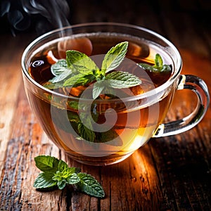 Mint Tea, fresh brewed herbal mint drink with mint and tea leaves