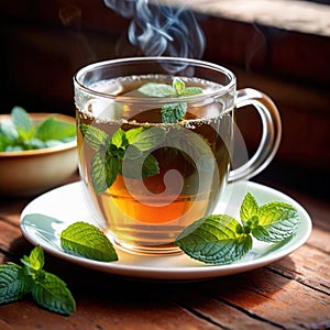 Mint Tea, fresh brewed herbal mint drink with mint and tea leaves