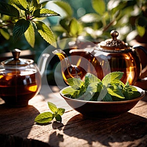 Mint Tea, fresh brewed herbal mint drink with mint and tea leaves