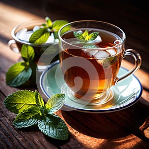 Mint Tea, fresh brewed herbal mint drink with mint and tea leaves