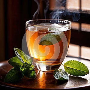 Mint Tea, fresh brewed herbal mint drink with mint and tea leaves