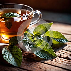Mint Tea, fresh brewed herbal mint drink with mint and tea leaves