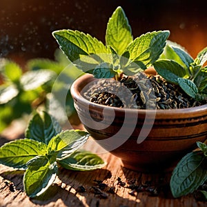 Mint Tea, fresh brewed herbal mint drink with mint and tea leaves