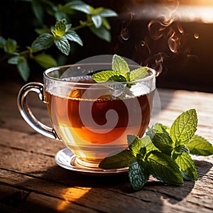 Mint Tea, fresh brewed herbal mint drink with mint and tea leaves