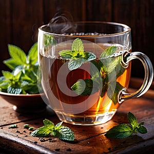 Mint Tea, fresh brewed herbal mint drink with mint and tea leaves