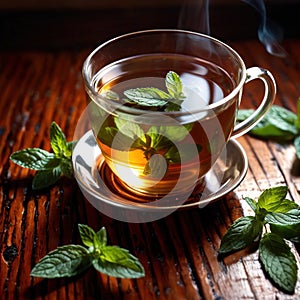 Mint Tea, fresh brewed herbal mint drink with mint and tea leaves