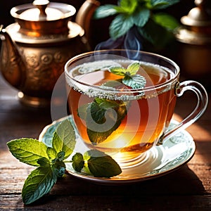 Mint Tea, fresh brewed herbal mint drink with mint and tea leaves