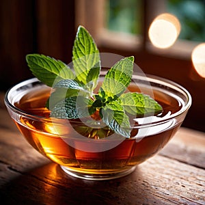 Mint Tea, fresh brewed herbal mint drink with mint and tea leaves