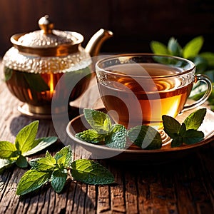 Mint Tea, fresh brewed herbal mint drink with mint and tea leaves photo
