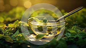 Mint tea in a glass bowl on a green grass background