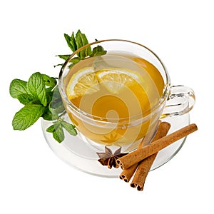 Mint tea. Green tea hot drink in glass Cup with saucer and healthy peppermint leaf, lemon, cinnamon spice isolated on white