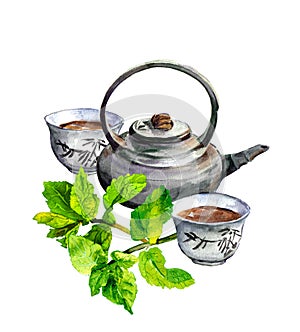 Mint tea set - teapot and traditional chinese cups. Watercolor