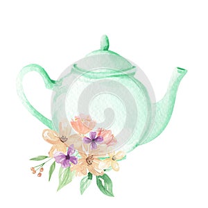 Mint Teapot Flowers Watercolor Foliage Afternoon Tea Floral Arrangement