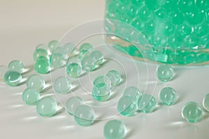 Mint vase filler on white table, closeup. Water beads