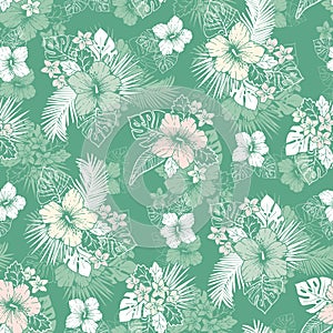 Mint and White Tropical Exotic Foliage and Hibiscus Floral Vector Seamless Pattern. Line Drawing Background.