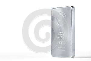 Minted silver ingot weighing 500 grams isolated on the white background