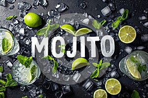 Minty Coolness: \'MOJITO\' Crafted in Ice on a Shiny Canvas.