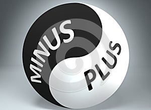 Minus and plus in balance - pictured as words Minus, plus and yin yang symbol, to show harmony between Minus and plus, 3d