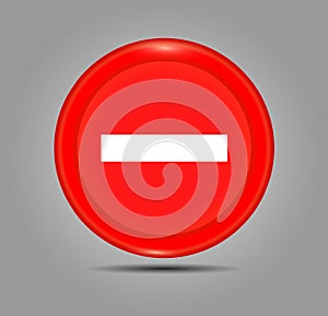 Minus sign icon. Negative symbol. Zoom out. Red circle button with icon. 3D button. Vector illustration isolate on a grey backgrou