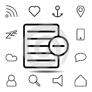 minus text file icon. Simple thin line, outline vector element of minimalistic, web icons set for UI and UX, website or mobile