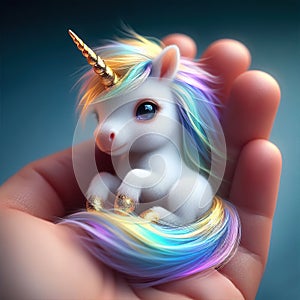 Minuscule enchanting unicorn cub in the palm of a hand photo