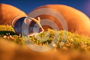 A minuscule mouse roams the vast meadow, surrounded by the brilliant hues of a summer sunset. AI generated