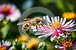 A minuscule world unfolds as a bee pollinates a vibrant, blooming flower in a garden