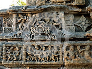 Minute carving on sandstone steps of Kunda, the reservoir of sun temple Modhera Gujara