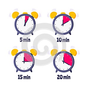 Minutes countdown on analog clock face flat style design vector illustration icon sign set isolated on white background.