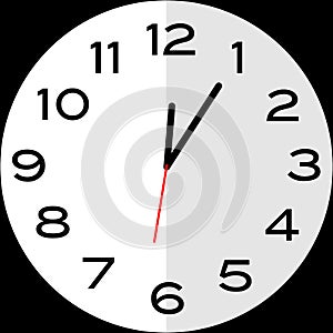 5 minutes past 12 o`clock analog clock icon