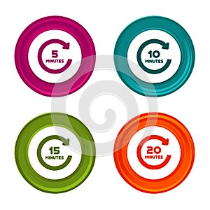 5, 10, 15 and 20 Minutes rotation icons. Timer symbols. Colorful web button with icon