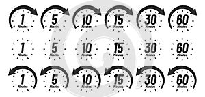 Minutes time icon. Analog clock Icons, 1 5 10 15 30 60 minute clocks and minutes ago sign vector set