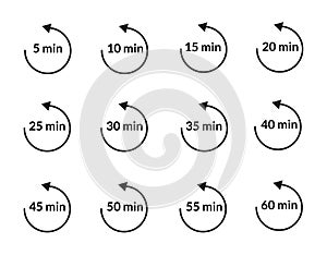 Minutes timer with arrow icons set. From 5 to 60 min cooking time symbols