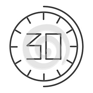 30 minutes watch thin line icon. Thirhty seconds time vector illustration isolated on white. Half an hour clock outline